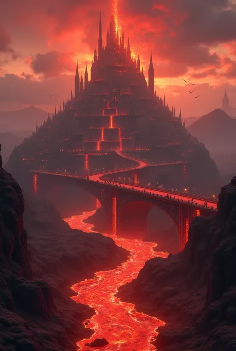 A city with a burgundy floor, a volcano oozing lava at the bottom of the island, and a river of lava separating the city from the volcano with a bridge connecting the two.