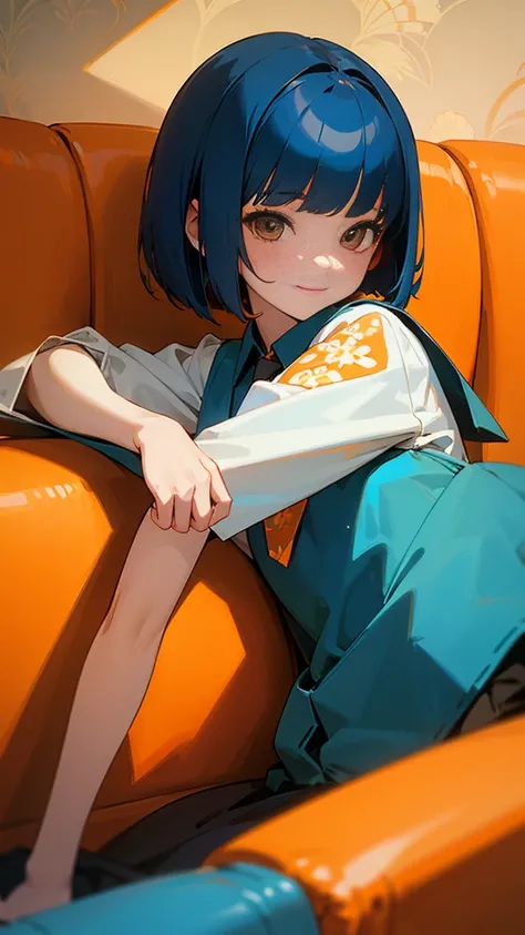  ONE GIRL 、Anime-style paintings、 dark blue hair 、 bob cut from the front、 jet black brown eyes 、 tie your hair with orange hair clips、From the side、smile、Orange and white patterned clothes 、 upper body lying on sofa、Park Background