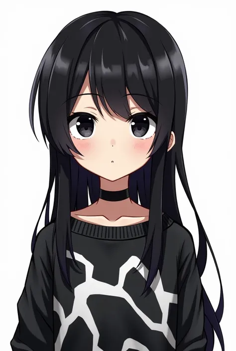   Create a pngtuber with my descriptions , A boy with long short straight black hair, black eyes with a disinterested expression wearing a sweater with a black and white print,On white background, half the body at the waist there is an anime-style head .