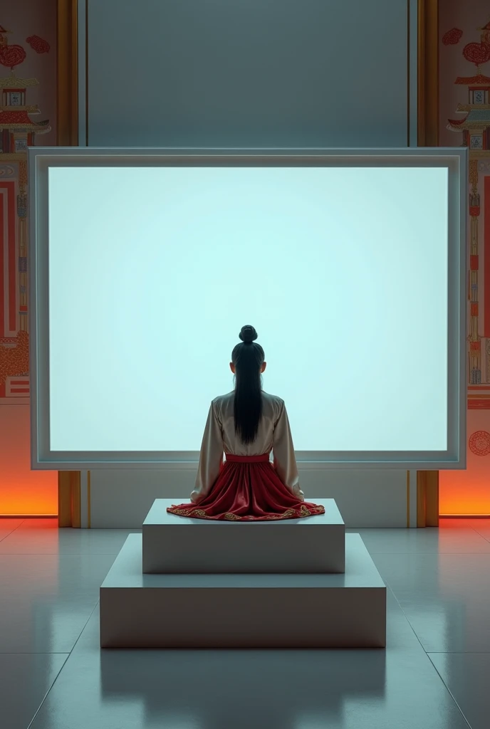 A Chinese woman， style of Eastern Europeans still exists，Sitting on the podium，Talking to the screen