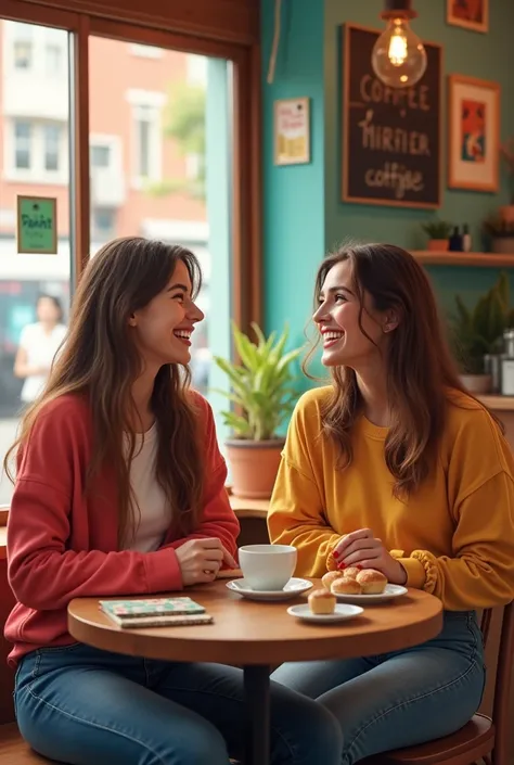 Two 20-year-old girls friends at a lively coffee shop 