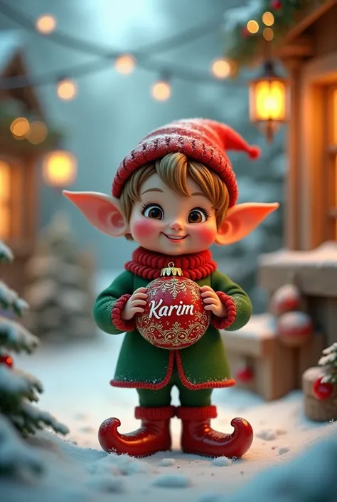 Create an image with a Christmas background with an elf with a Christmas ball with the first name Karim written on it