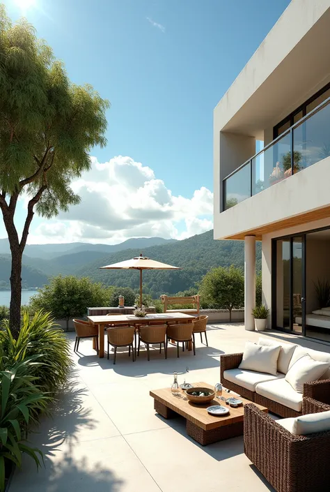 Make a realistic rendering of a terrace, with furniture such as a grill , sofa, swing, tables, etc
