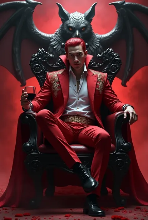 A real handsome Malay man have a red hair with the white highlights. have a little fang
 
sitting with the cool pose at the throne wearing red and white  suit like a vampire. also wearing cloak. have a "CENCARU" wording at his clothes

have big statue bad ...