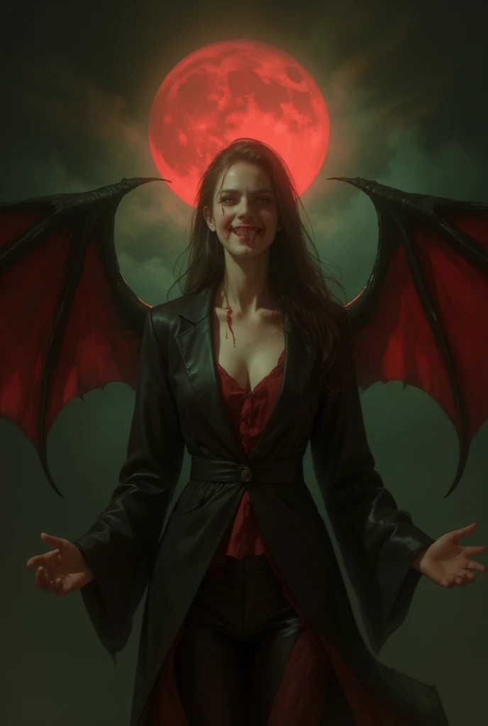 red eyes, Vampire Fangs, ,   is bleeding from mouth,   smirking  ,Bat Wings, scared smile, psychopathic   smirking  , Psychopathic Smile, scared,   open your mouth, Angry Eyes, ,   dark sky background  , red + green + green, glowing red moon, redい霧,  looki...