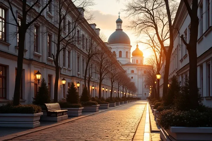  Picture a charming Russian city street ,  reminiscent of European capitals ,  with beautiful classical or modern architecture ,  paved with pavement , with benches ,  trees and .  In the background, you can see a majestic cathedral or historic building.  ...