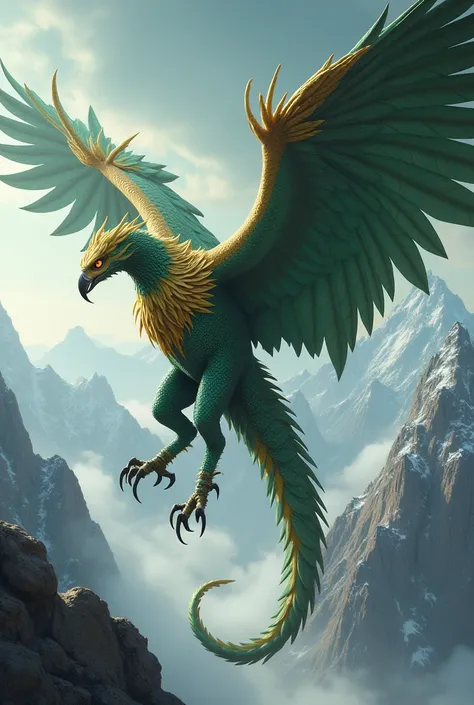 A towering hybrid of an eagle and a dragon, blending the strengths of both creatures: the dragon’s enormous, muscular body covered in shimmering emerald scales, seamlessly transitioning into golden feathers along its chest and wings. The wings are massive ...