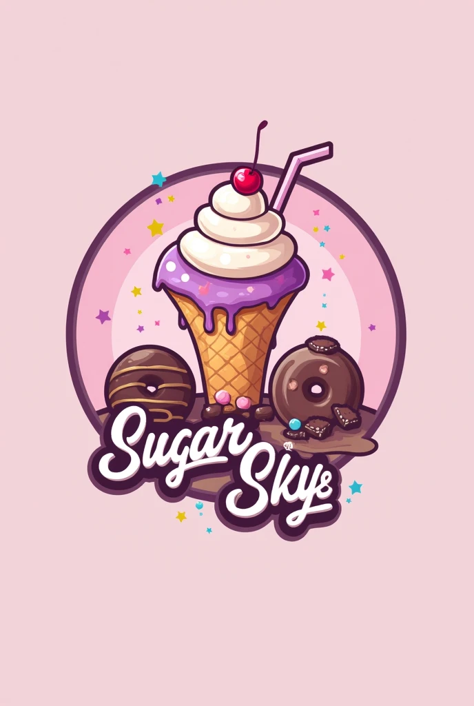  I want to make a logo for my business .  Super sweet ,  super cute ,  Im going to sell . waffles, Minidonas , milkshakes, struck. His name is Sugar Sky.  Without so many emojis ,  with colors like pink, purple , Azulito, with chocolate, colored sparks.