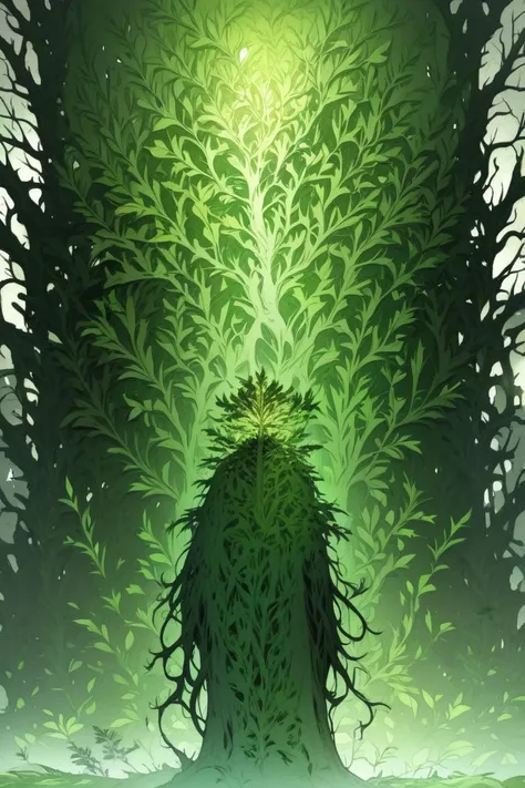 The beautiful tree  "nature". Burning green from the inside ,  seems to be spreading green within nature,  and there is one man, the god of this pole, standing next to him 