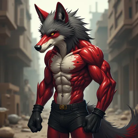 Masterpiece , cute, eyes,  anthropomorphic ,  dark red wolf , veia,  slender constitution , tender eyes, Spanish,  gray hair, white belly , shiny body, terrorist, bandit, punk,   depth of field  ,  perfect lighting , ( best quality ),(masterpiece),( ultra ...