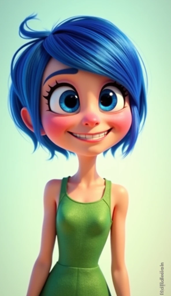 Create an image of a bright and energetic character with short blue and pointed hair, wearing a green dress. She has a cheerful and expressive face, radiating positivity and energy, reminiscent of the character Joy from the movie Inside Out."
