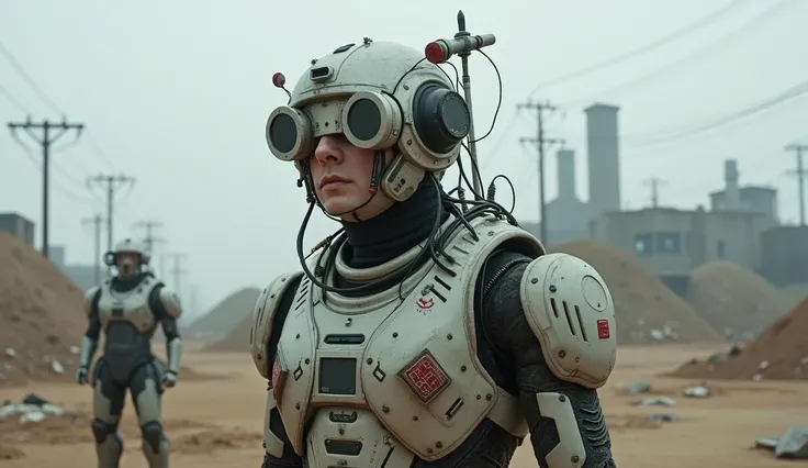 The films scene depicts a dystopian future set in an industrial wasteland under overcast daylight conditions, reminiscent of Los Angeles or Airstrip One. The central figure is clad in advanced, futuristic armor made from light-colored scrap metal materials...