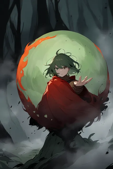  Woman with dull green hair, in combat position, with a raised hand holding a giant flame sphere, wearing Viking clothes and a black and red cape, In a dark forest with fog, close up view