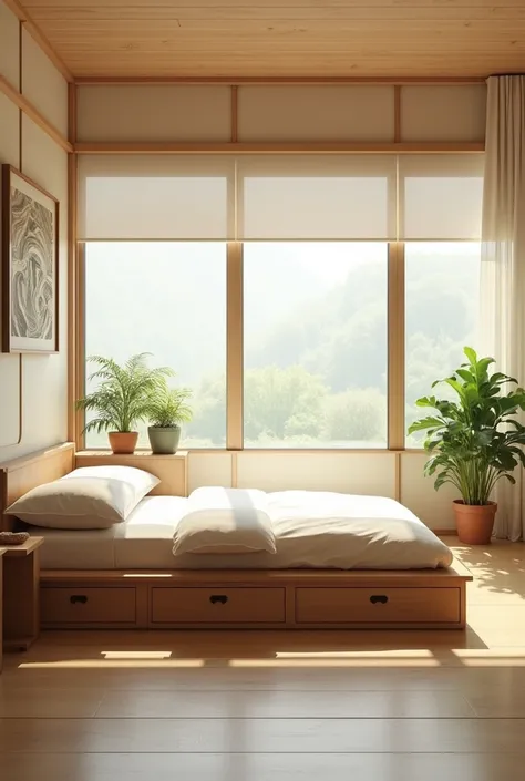 Chambre minimaliste de style japonais avec lit bas, boîtes de rangement élégantes sous le lit, et plantes vertes. Sol en bois clair, ambiance zen et épurée