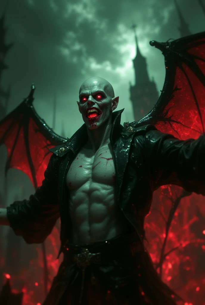 red eyes, Vampire Fangs, ,   is bleeding from mouth,   smirking  ,Bat Wings, scared smile, psychopathic   smirking  , Psychopathic Smile, scared,   open your mouth, Angry Eyes, ,   dark sky background  , red + green + green, glowing, coffin, redい霧,  lookin...