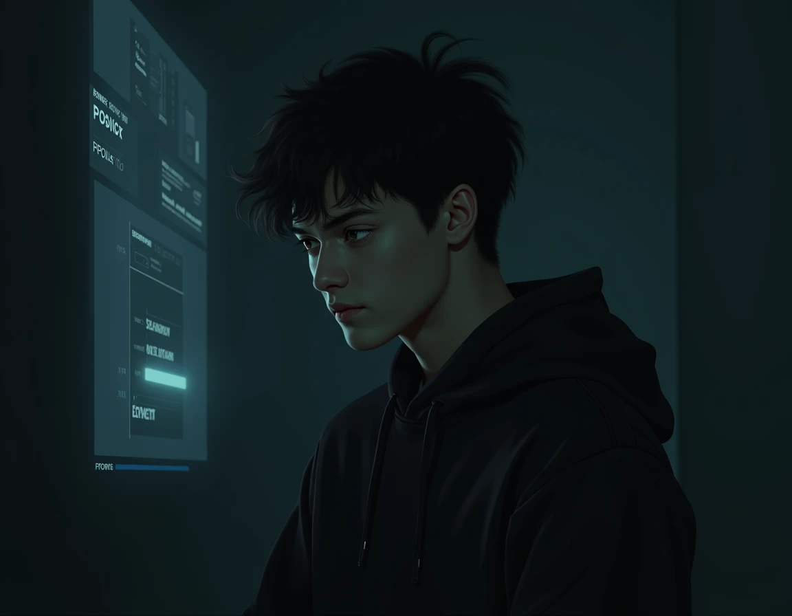 A young man, technological, sombrio, dark background