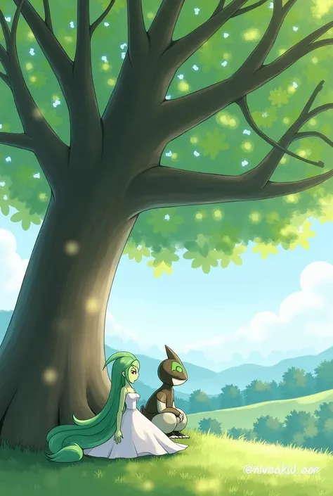 Gardevoir and Greninja under a tree 