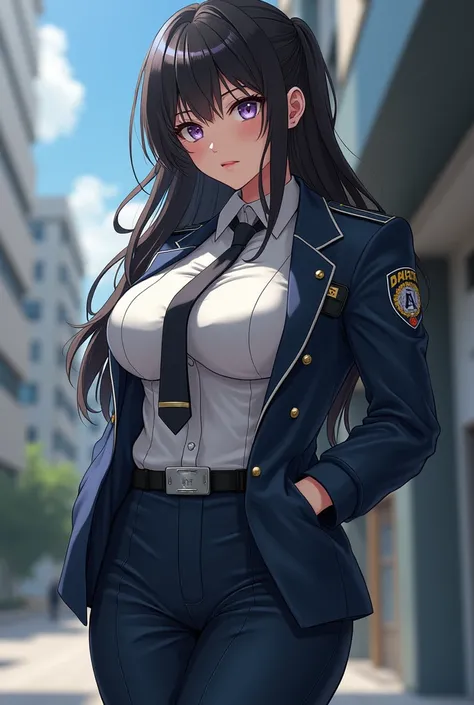 Adult woman profession security guard, large breasts with cleavage in the uniform and anime look 