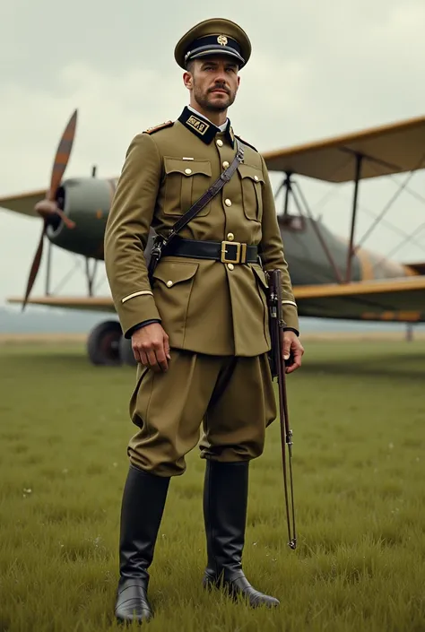  Drawing of a Prussian airplane pilot. full uniform.  World War I .  He is standing next to an airplane ..The ground is a lawn 