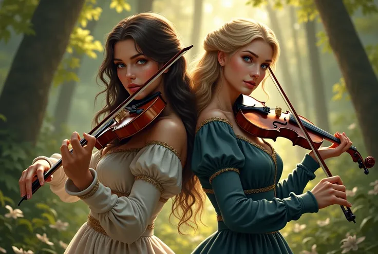 Create two 18-year-old women, one with dark brown wavy hair up to their shoulders.,  the other blond hair  , back to back, Blue eyes,  with a mole near the left eye, light skin,  big breasts, Sensual look at the spectator ,  one playing a violin  , The oth...