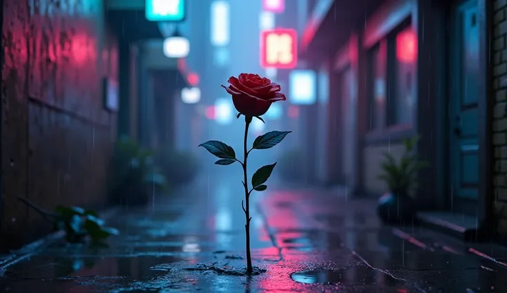 image cyberpunk réaliste et détaillé, Dans une ruelle sombre dune ville cyberpunk, une rose métallique et chromée, brille, détonnant dans lobscurité environnante. Son tige noire et lisse contraste avec les néons violets et bleus qui illuminent les murs déc...