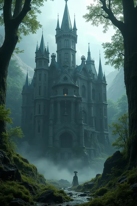 Beautiful and large Gothic mansion with high towers in the middle of the forest