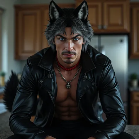 pose sexy, 1masculino,  30 years old , , eyeliner, Olhos de quarto, Lip-biting smile,  black leather jacket ,  anthropomorphic , Lobo ears, Lobo, Kitchen background, 8k, , ( best quality , masterpiece), (Lobo tail:1.5), detailed fur, Alone, red collar, Jea...