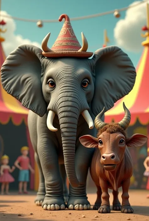 Create a circus image with a big eared elephant next to an ox wearing a cangaceiro hat 