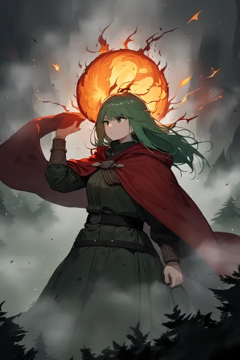  Woman with dull green hair, in combat position, holding a giant sphere of flames above his head with one hand, wearing Viking clothes and a black and red cape, In a dark forest with fog, close up view