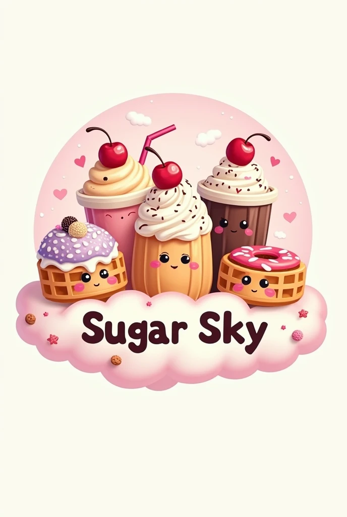  I want a Super Sweet Logo ,  super cute ,  Im going to sell . waffles, Minidonas , milkshakes,  frappé with Your Name on it: Sugar Sky .  with colors like pink, purple , Azulito, yellowish ,  soft tones , with chocolate, colored sparks