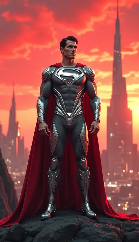 Kal-El in Krypton ,  wearing a royal silver Kryptonian costume ,  with the red sky of his home planet and the futuristic Krypton buildings in the background,  as he observes the horizon .