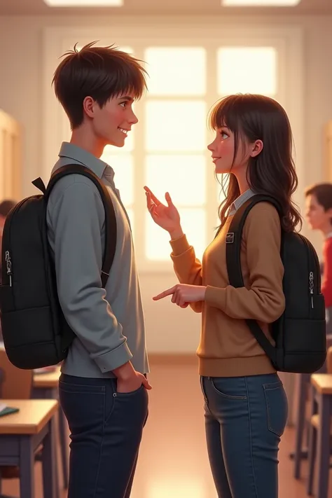 **two people talking**:  An image showing two people talking face to face, possibly in a school environment  