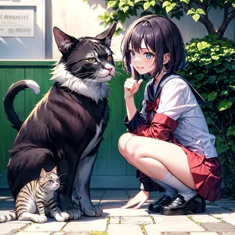 “A teenage girl in a school courtyard kneeling dramatically, reaching out toward a stray cat with a pleading expression as if making an important request. The cat, unimpressed, walks away with an indifferent attitude. In the background, a few students are ...