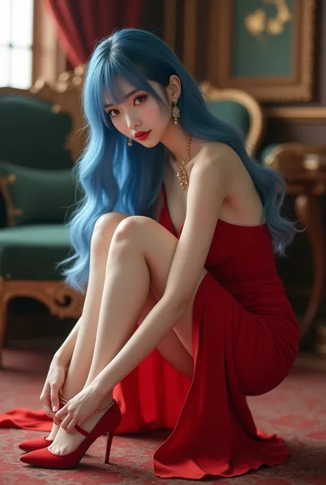  Young Korean sister with long flowing Magic blue hair with bangs,  white skin ,  she is wearing heels designed elegant red ,  with bare legs ,  wears a sexy sleeveless red dress fitted to the body , hair still side ,  with earrings and gold necklace ,  in...