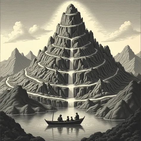 Purgatory of the Divine Comedy , seen from a distance,  with a boat with 3 people under it .  Purgatory is similar to a mountain ,  in which there are different punishments below the worst , Above the quietest .  This mountain has spiral paths around it