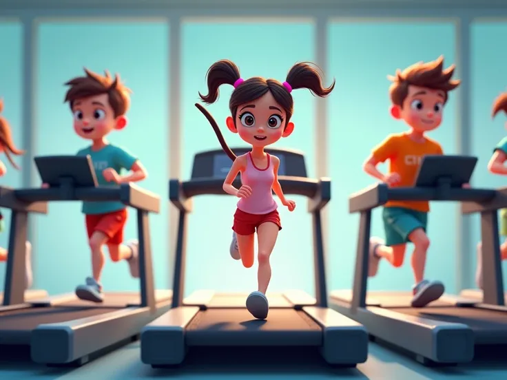 Create an image of a girl with a tail running on a treadmill in the middle of two boys running on treadmills looking head-on animated all aligned and approximately 