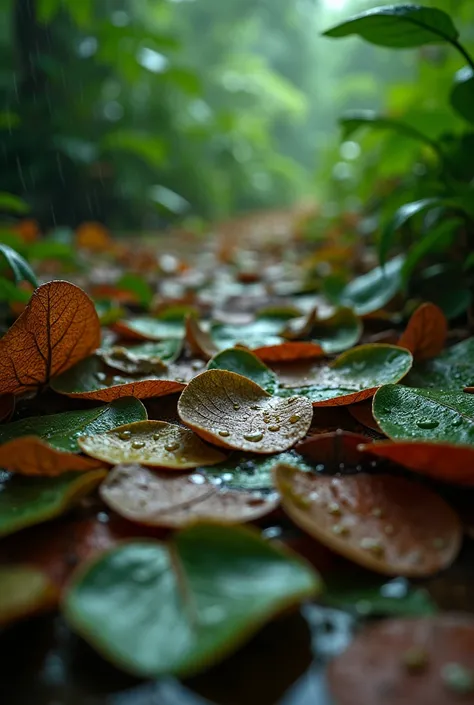 Close-up real photo of wet leaves on leaves on the floor of a jungle 