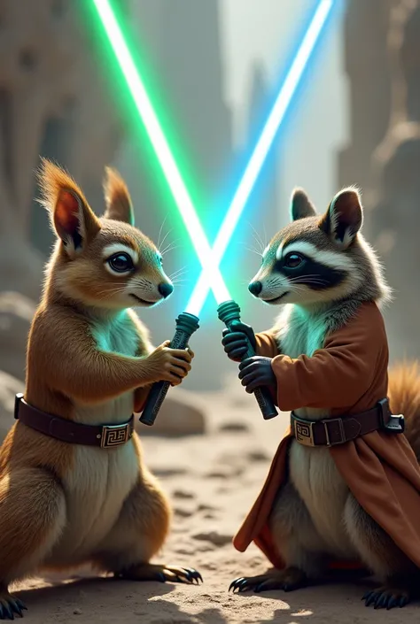 Make a squirrel and a raccoon with Jedi Knight clothes and a blue light sabre and a green light sabre like Star Wars