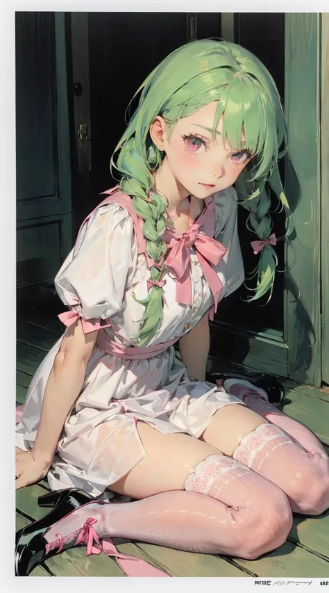 Anime girl with mint green hair and pink eyes and wearing a white dress with laces with pink ribbon in the middle and then for her hairstyle give her two braids with ribbon and give her a thigh high socks with laces and pink Marie jane shoes