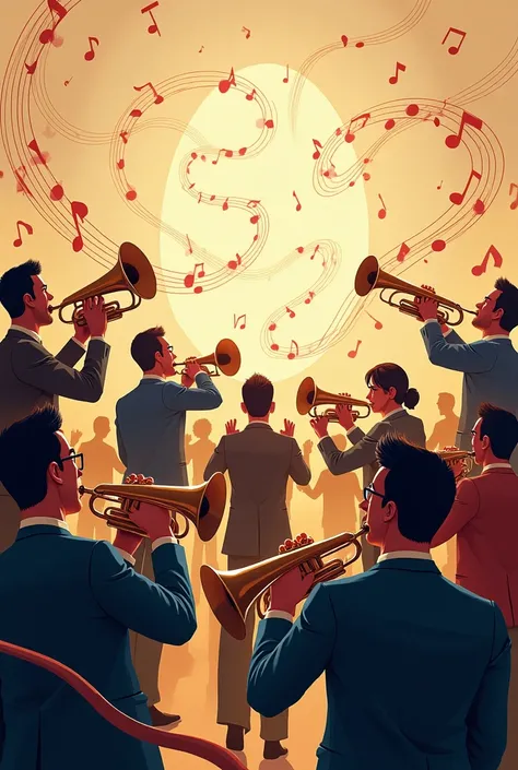 Orchestra with brass instruments on a background with musical notes in a modern and soft art