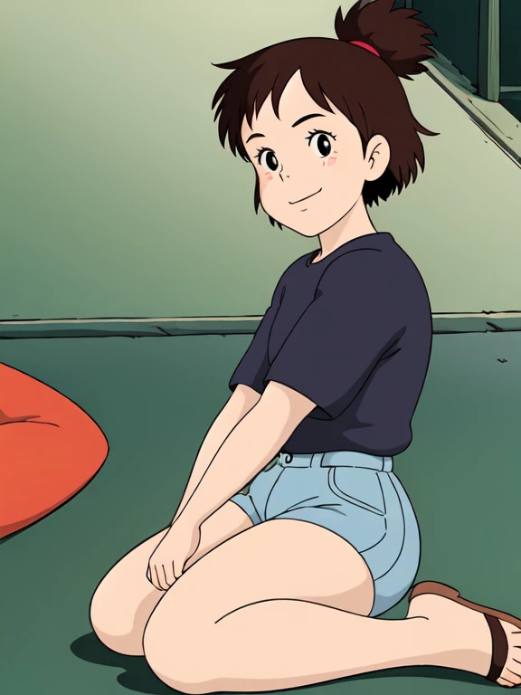 Kiki,1 ,Alone,(Tune:1.5),Tune waist, 24 years old, lying down,  Looking at the viewer, smile, blink, Retro style, Ghibli, tight jean shorts, short shorts,  thick thighs , sandal, whole body, HEAD ON,  Open Legs 