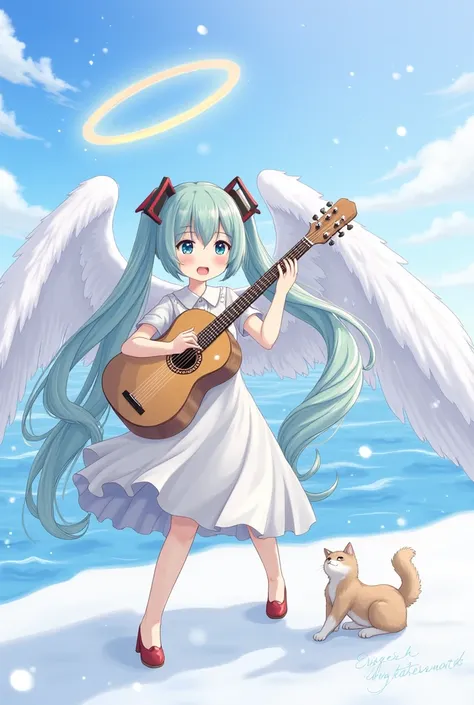 1girl, female focus, outdoors, winter, sea, sky, cat, bard, looking at another, playing instrument, playing a guitar, smile, closed eyes, open mouth, Western angel, Big angel wings, Hatsune Miku, blue eyes, dress, Angel Halo, 