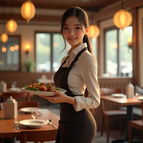 a beautiful waitress in a restaurant uniform serving food to customers, detailed facial features, delicate hands, wide smile, warm lighting, photorealistic, 8k, ultra-detailed, (best quality,4k,8k,highres,masterpiece:1.2),ultra-detailed,(realistic,photorea...