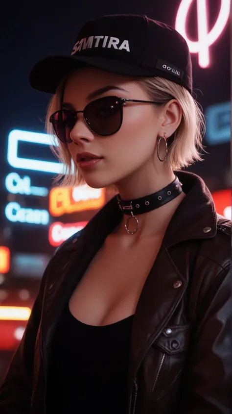 Close-up do rosto, Alternative girl,  looking over black sunglasses , jacket, collar,  neon light reflections on the skin, earring, makeup,  skin imperfections ,  short hair, hat, neon light background , low light,  depth of field , highly detailed,  high ...