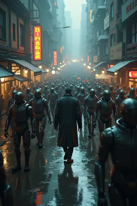 A 36-year-old man walks through the crowded, rain-soaked streets of a futuristic city, the air thick with humidity and the hum of machinery. The scene is viewed from above, offering a birds-eye perspective of the bustling, chaotic urban environment. People...