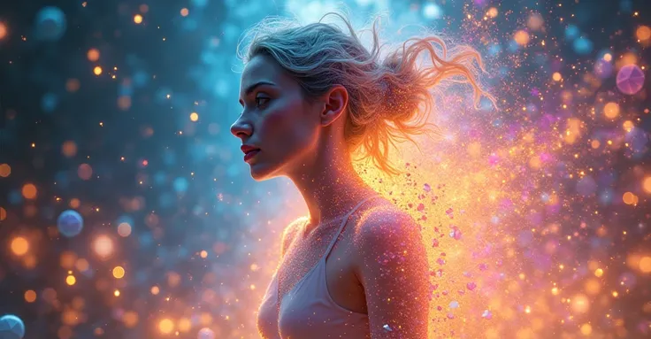  “A visual explosion of colors and movements dynamic in an environment Futuristic digital.  The protagonist is surrounded by vibrant holograms that represent memories , with faces ,  hands and laughter that appear and disappear quickly .  Fragments of her ...