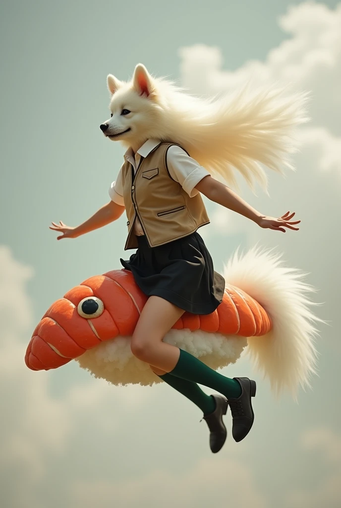 (( best quality)), ((masterpiece)), ((photograph)),  Real Female Samoyed wears an off-white collared short sleeve shirt, a light brown vest with a closed front, a knee-length black skirt, dark green socks, and black shoes、A female Samoyed flying through th...