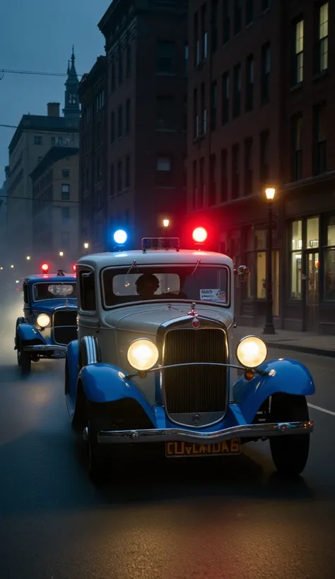 two Ford V8 B 40s styled as police cars accelerate through dark streets at night in Cleveland in 1930