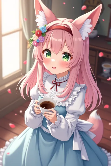 This anime girl is smiling happily while warming her hands with coffee. , Looking away, Anime illustration, Dynamic shot, Angle looking down on the girl from directly above, Solo, (Fox ears 1.6), Ear hair, Hatsune Miku, Hair between eyes, Long sideburns, (...