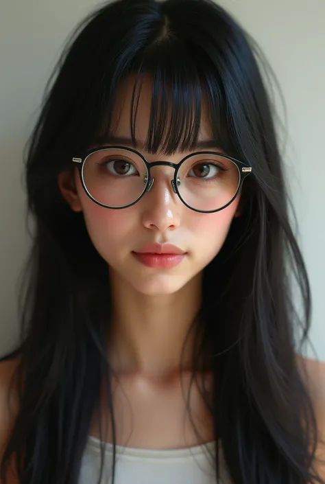 a pretty, thin girl, with very long fringe, straight black hair with bangs, light skin, wears glasses, brown eyes, both latin in appearance and . Realistic NOT ANIME, LATIN PERSON 